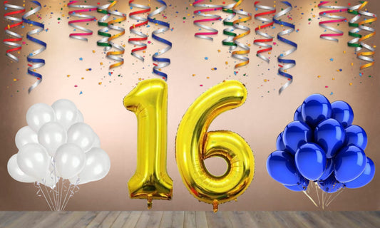 Number  16 Gold Foil Balloon and 25 Nos Blue and White Color Latex Balloon Combo