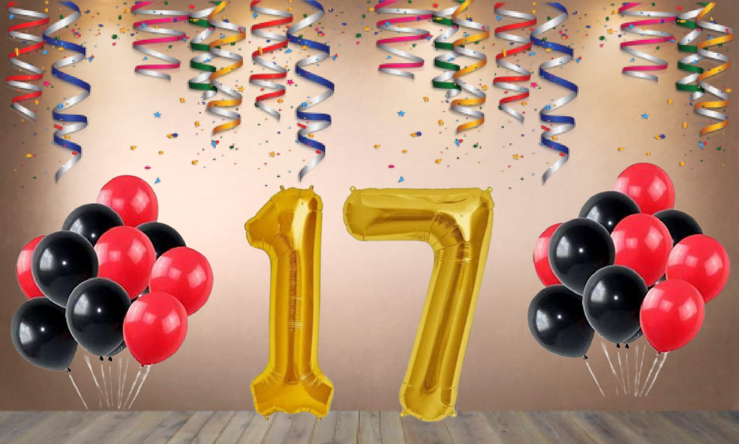Number 17  Gold Foil Balloon and 25 Nos Black and Red Color Latex Balloon Combo
