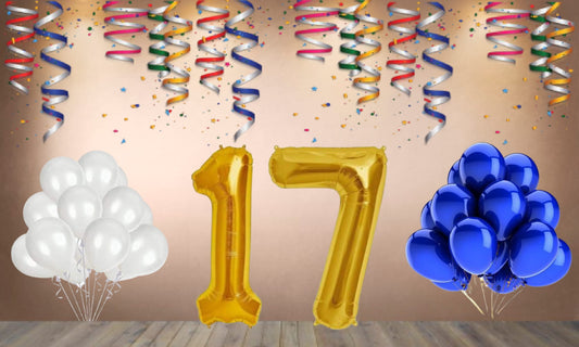 Number 17 Gold Foil Balloon and 25 Nos Blue and White Color Latex Balloon Combo