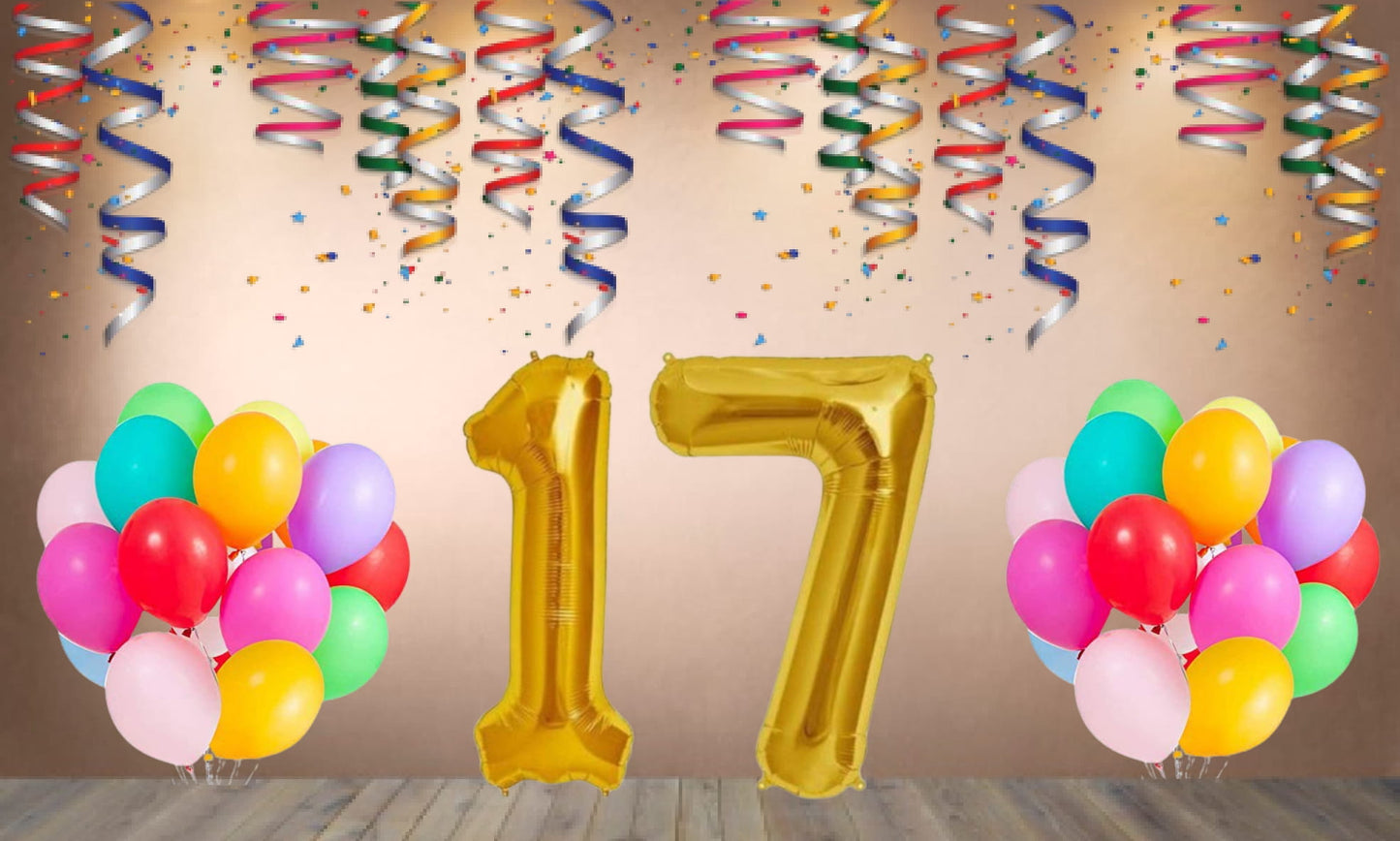 Number  17 Gold Foil Balloon and 25 Nos Multicolor Color Latex Balloon Combo