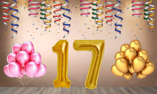 Number 17 Gold Foil Balloon and 25 Nos Pink and Gold Color Latex Balloon Combo