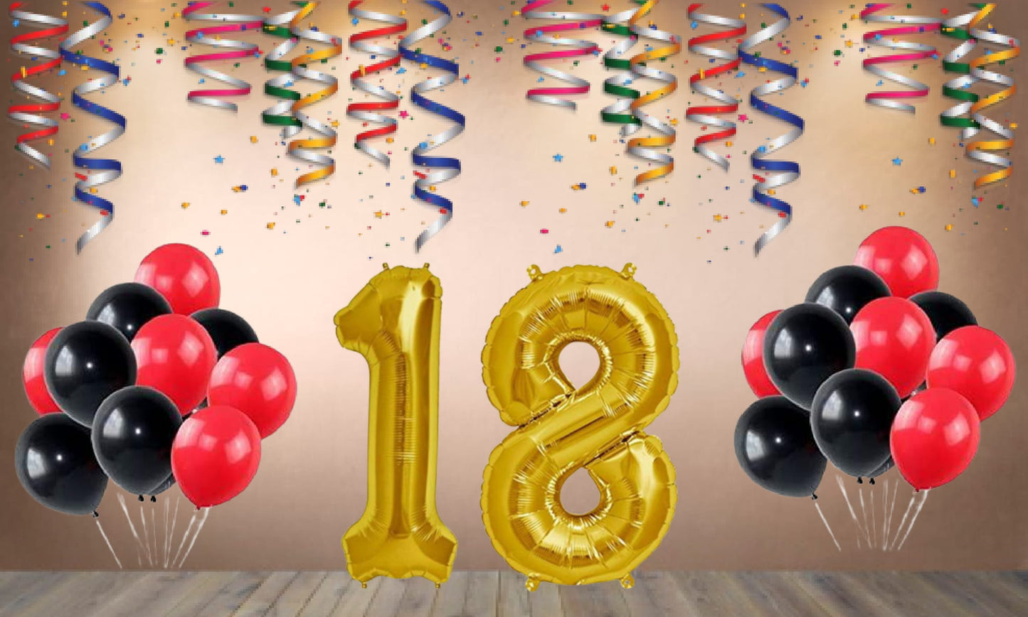 Number 18  Gold Foil Balloon and 25 Nos Black and Red Color Latex Balloon Combo