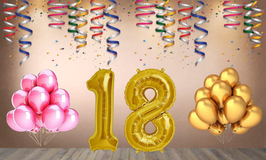 Number 18 Gold Foil Balloon and 25 Nos Pink and Gold Color Latex Balloon Combo