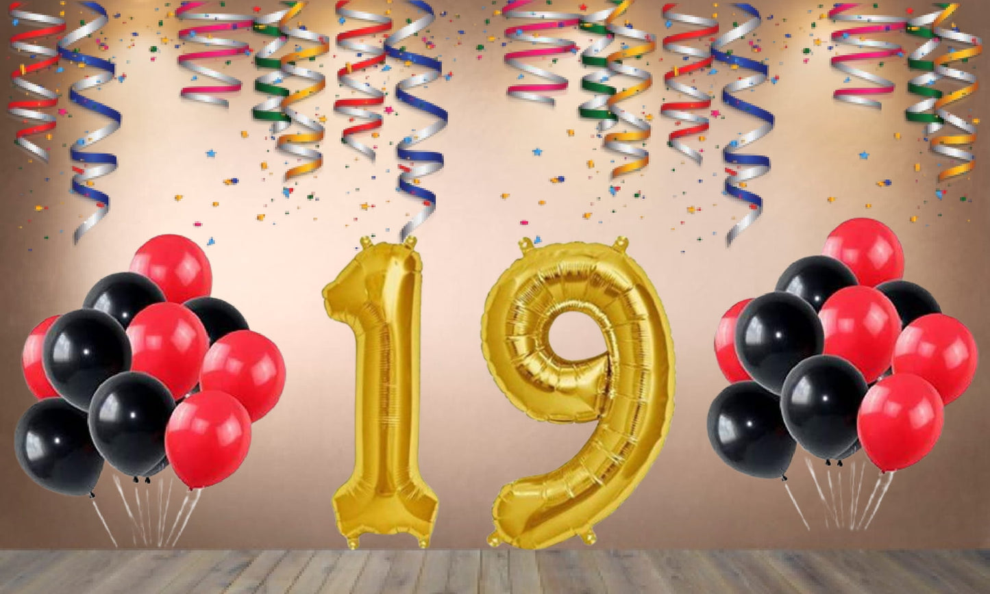 Number  19 Gold Foil Balloon and 25 Nos Black and Red Color Latex Balloon Combo