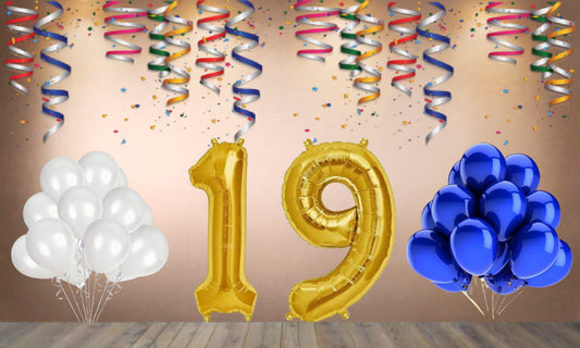 Number  19 Gold Foil Balloon and 25 Nos Blue and White Color Latex Balloon Combo