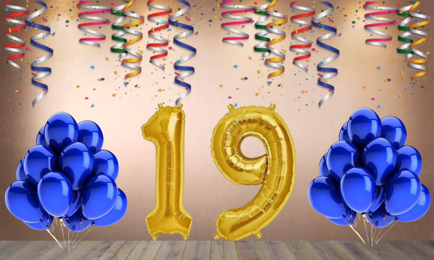 Number  19 Gold Foil Balloon and 25 Nos Blue Color Latex Balloon Combo