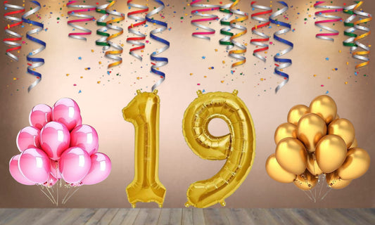 Number 19 Gold Foil Balloon and 25 Nos Pink and Gold Color Latex Balloon Combo