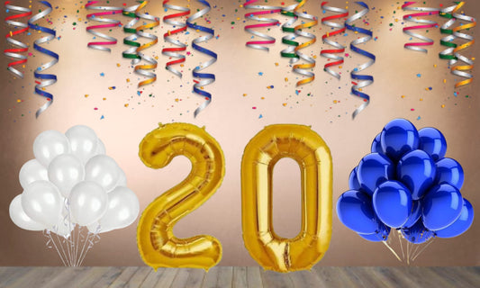 Number  20 Gold Foil Balloon and 25 Nos Blue and White Color Latex Balloon Combo