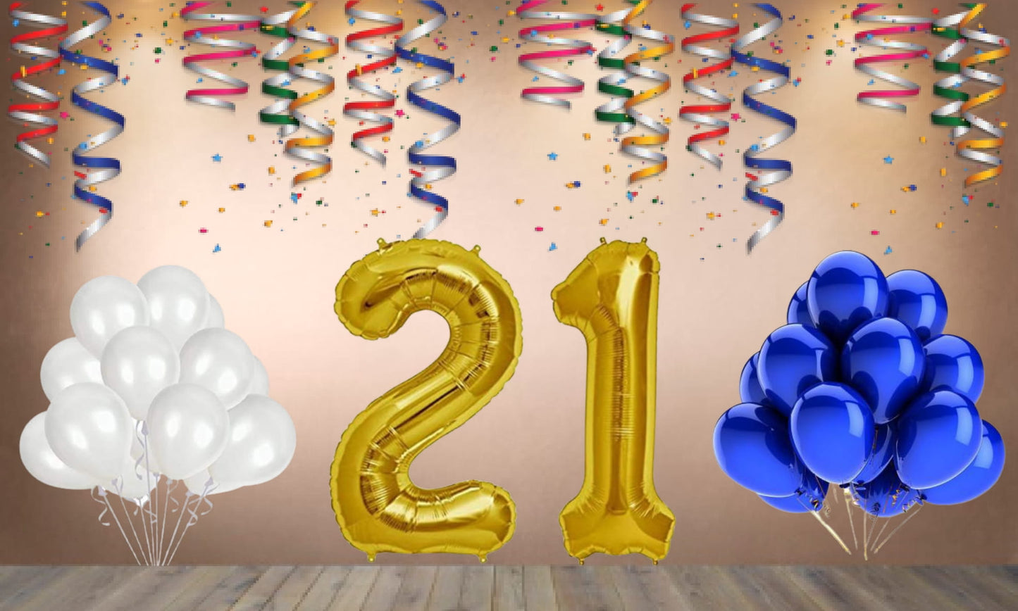 Number  21 Gold Foil Balloon and 25 Nos Blue and White Color Latex Balloon Combo
