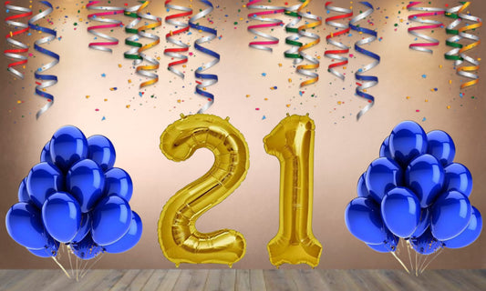 Number  21 Gold Foil Balloon and 25 Nos Blue Color Latex Balloon Combo