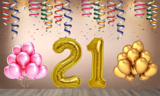 Number 21 Gold Foil Balloon and 25 Nos Pink and Gold Color Latex Balloon Combo