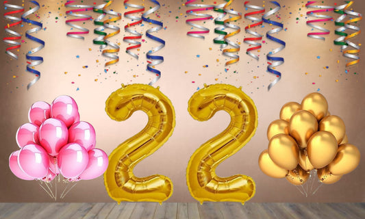 Number 22 Gold Foil Balloon and 25 Nos Pink and Gold Color Latex Balloon Combo