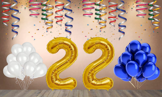 Number  22 Gold Foil Balloon and 25 Nos Blue and White Color Latex Balloon Combo