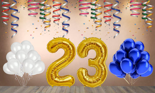 Number  23  Gold Foil Balloon and 25 Nos Blue and White Color Latex Balloon Combo