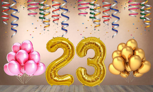 Number 23 Gold Foil Balloon and 25 Nos Pink and Gold Color Latex Balloon Combo