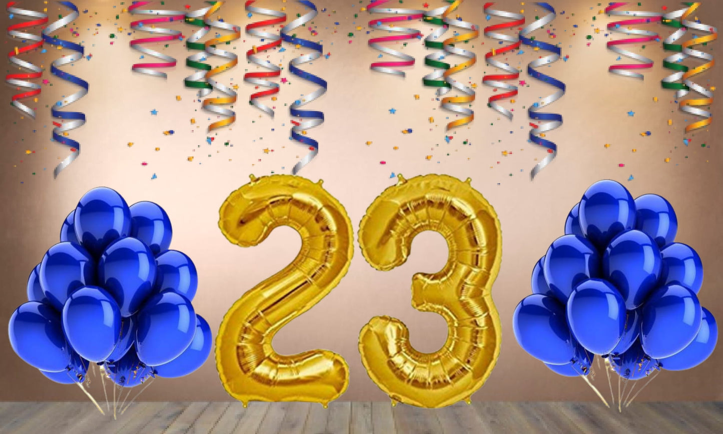 Number 23  Gold Foil Balloon and 25 Nos Blue Color Latex Balloon Combo