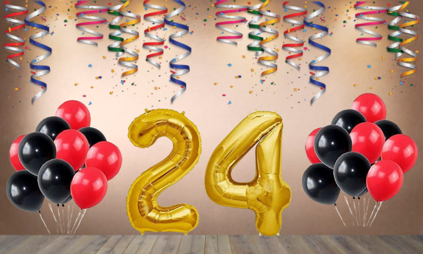 Number  24  Gold Foil Balloon and 25 Nos Black and Red Color Latex Balloon Combo