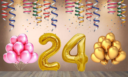 Number 24 Gold Foil Balloon and 25 Nos Pink and Gold Color Latex Balloon Combo