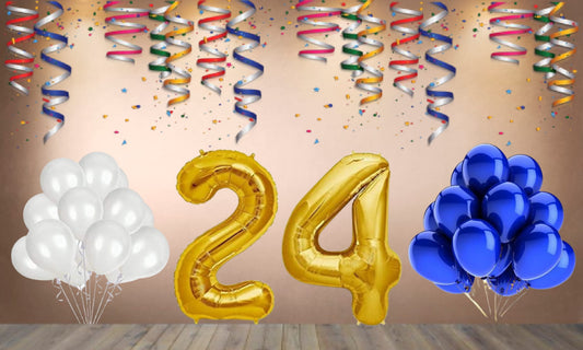 Number  24  Gold Foil Balloon and 25 Nos Blue and White Color Latex Balloon Combo