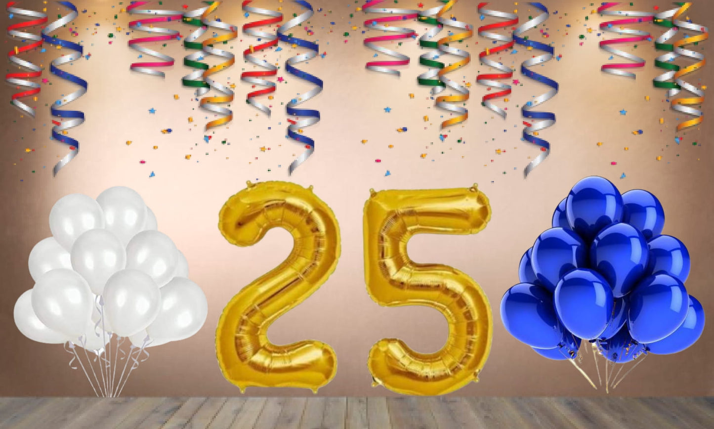 Number  25 Gold Foil Balloon and 25 Nos Blue and White Color Latex Balloon Combo