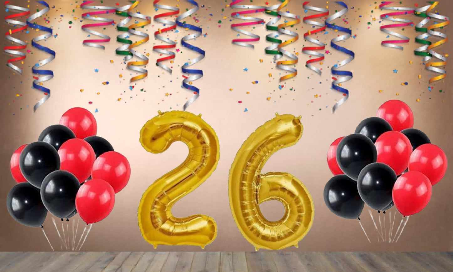 Number  26 Gold Foil Balloon and 25 Nos Black and Red Color Latex Balloon Combo