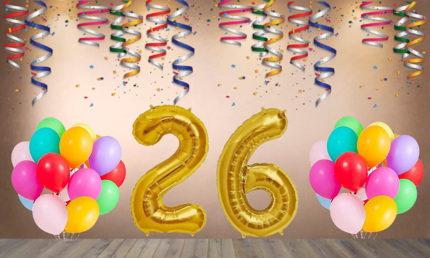 Number  26 Gold Foil Balloon and 25 Nos Multicolor Color Latex Balloon Combo