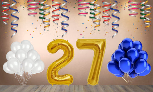 Number  27  Gold Foil Balloon and 25 Nos Blue and White Color Latex Balloon Combo