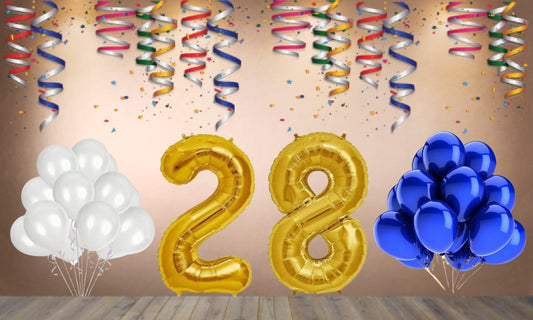 Number   28 Gold Foil Balloon and 25 Nos Blue and White Color Latex Balloon Combo