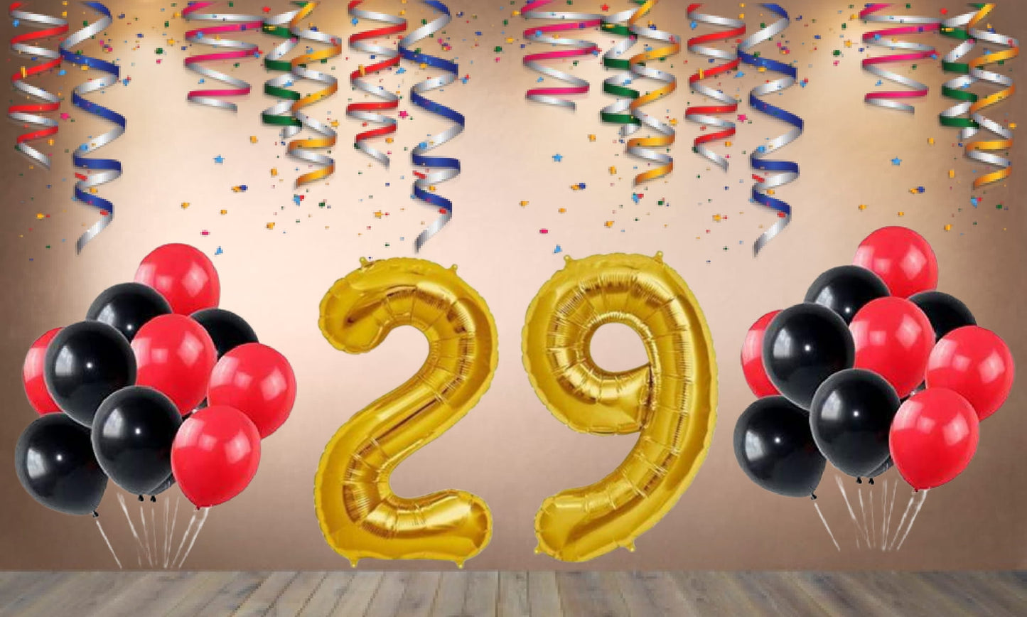 Number 29  Gold Foil Balloon and 25 Nos Black and Red Color Latex Balloon Combo