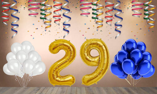 Number 29   Gold Foil Balloon and 25 Nos Blue and White Color Latex Balloon Combo