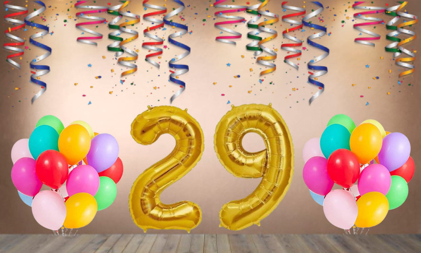 Number 29  Gold Foil Balloon and 25 Nos Multicolor Color Latex Balloon Combo