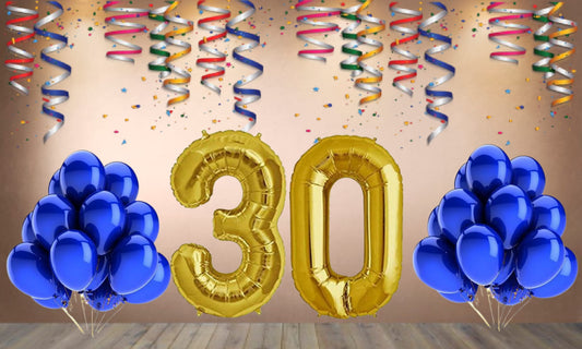 Number  30 Gold Foil Balloon and 25 Nos Blue Color Latex Balloon Combo