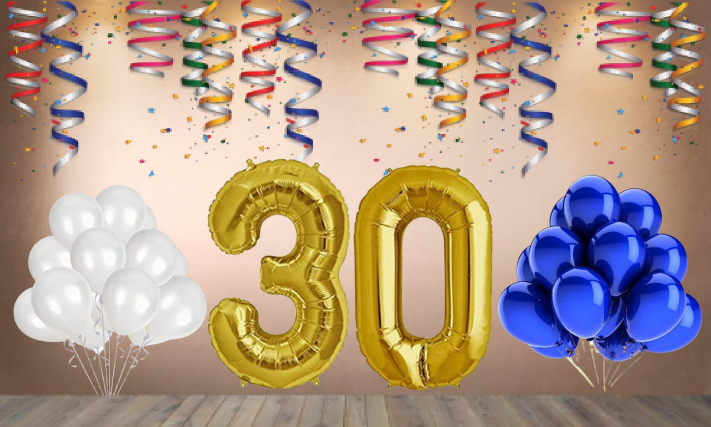 Number  30  Gold Foil Balloon and 25 Nos Blue and White Color Latex Balloon Combo