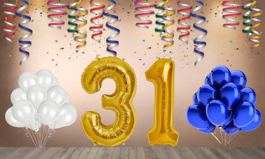 Number  31 Gold Foil Balloon and 25 Nos Blue and White Color Latex Balloon Combo
