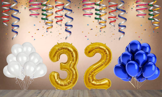 Number  32 Gold Foil Balloon and 25 Nos Blue and White Color Latex Balloon Combo