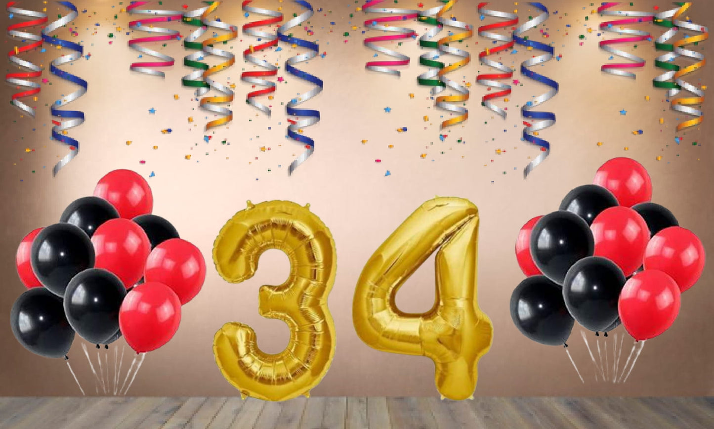 Number 34 Gold Foil Balloon and 25 Nos Black and Red Color Latex Balloon Combo