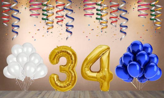 Number  34  Gold Foil Balloon and 25 Nos Blue and White Color Latex Balloon Combo