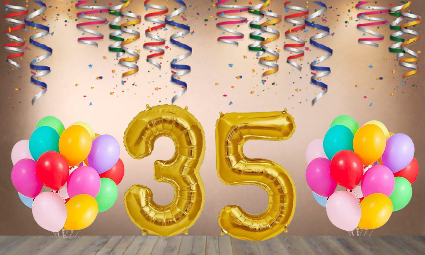 Number 35  Gold Foil Balloon and 25 Nos Multicolor Color Latex Balloon Combo