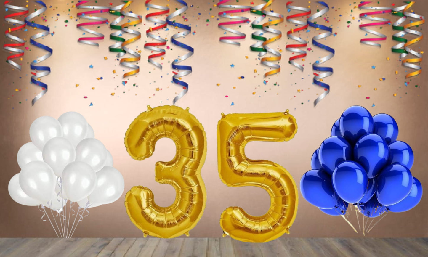 Number  35  Gold Foil Balloon and 25 Nos Blue and White Color Latex Balloon Combo