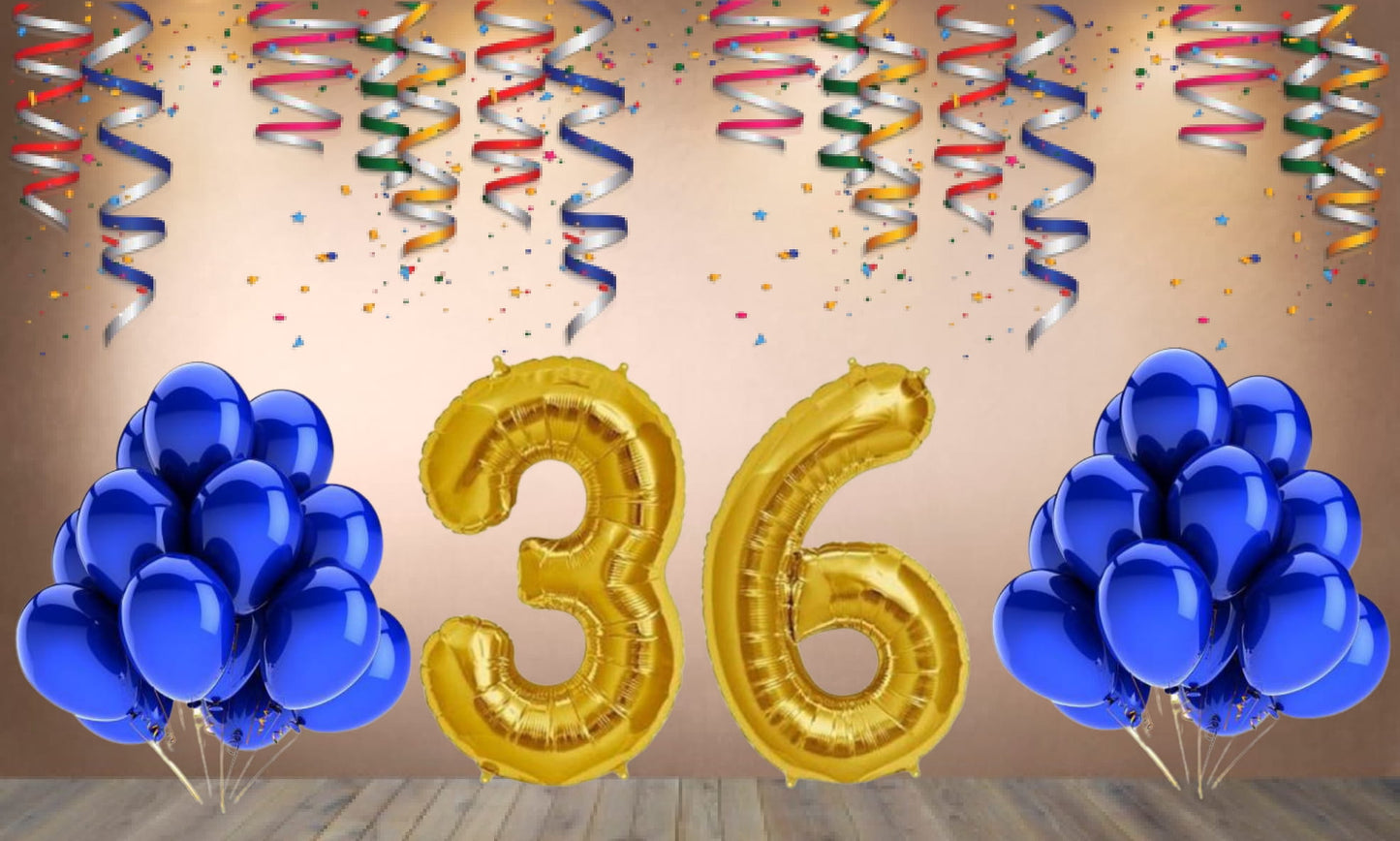 Number  36 Gold Foil Balloon and 25 Nos Blue Color Latex Balloon Combo