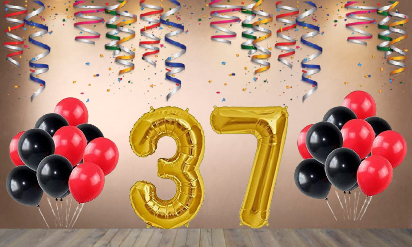 Number 37 Gold Foil Balloon and 25 Nos Black and Red Color Latex Balloon Combo