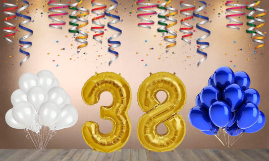 Number  38  Gold Foil Balloon and 25 Nos Blue and White Color Latex Balloon Combo
