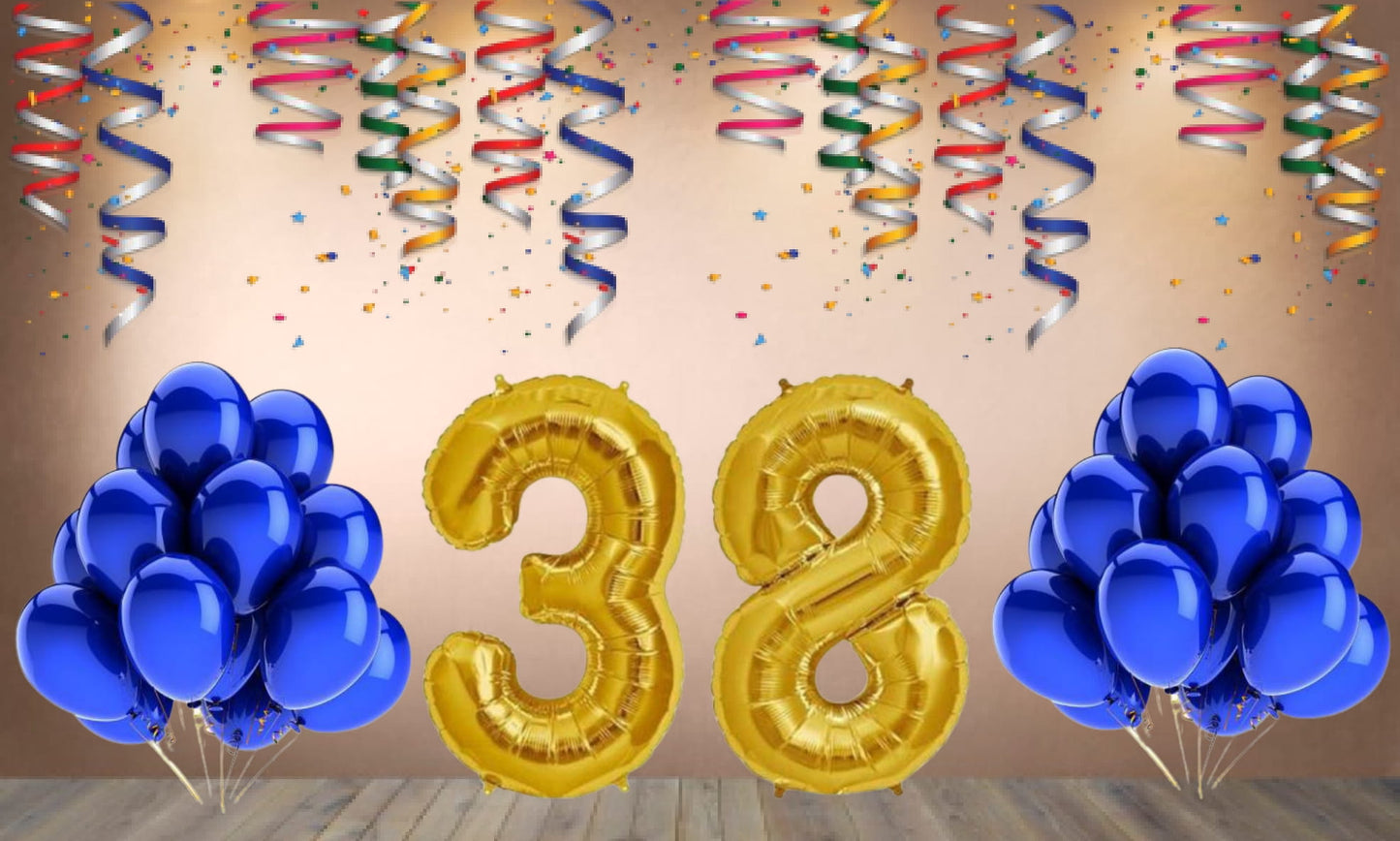 Number 38  Gold Foil Balloon and 25 Nos Blue Color Latex Balloon Combo
