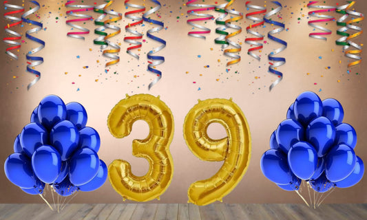Number 39  Gold Foil Balloon and 25 Nos Blue Color Latex Balloon Combo