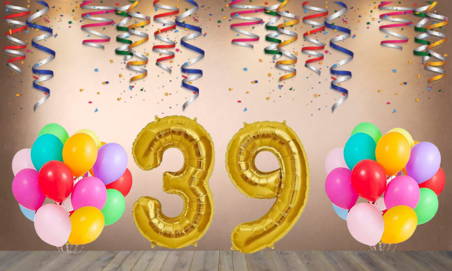 Number 39  Gold Foil Balloon and 25 Nos Multicolor Color Latex Balloon Combo