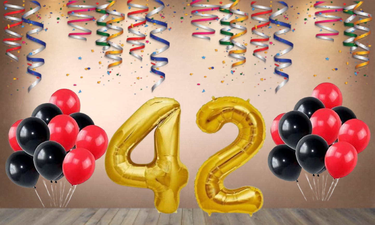 Number 42  Gold Foil Balloon and 25 Nos Black and Red Color Latex Balloon Combo
