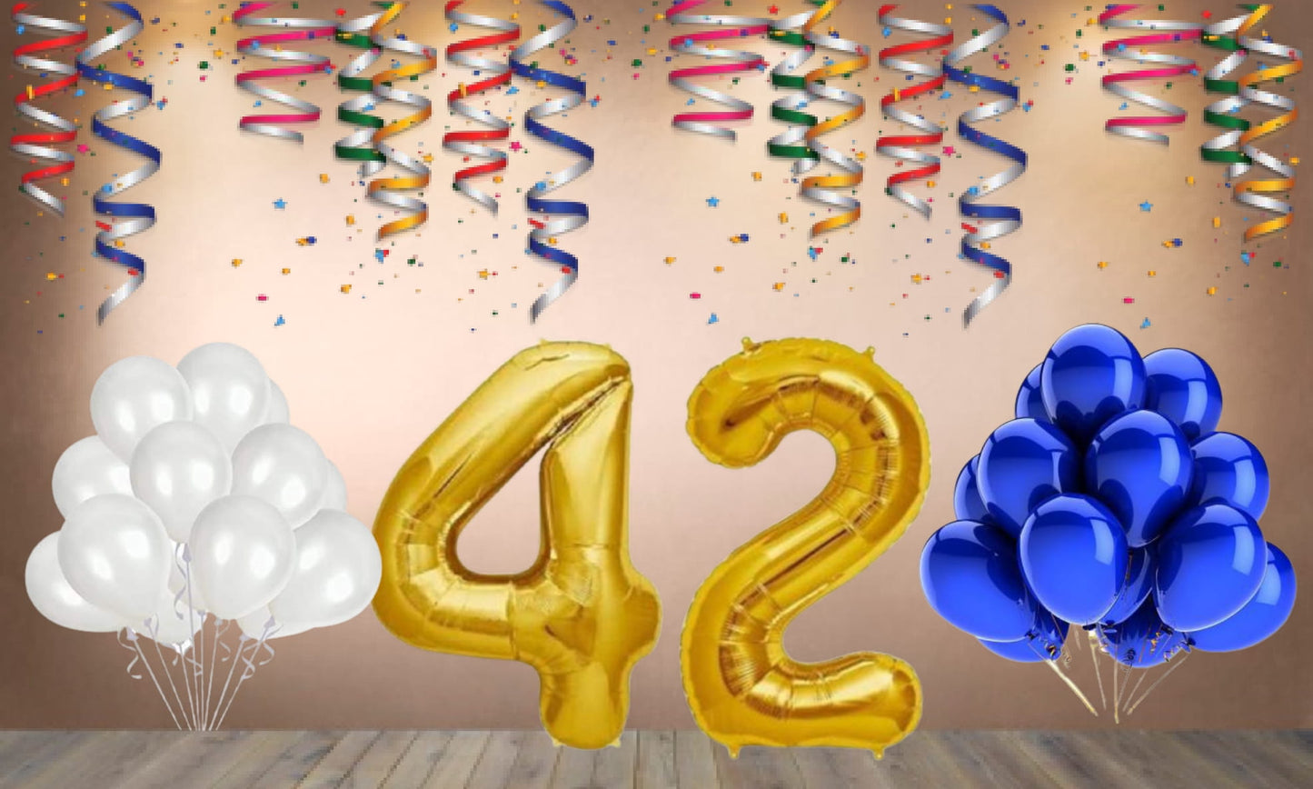 Number  42  Gold Foil Balloon and 25 Nos Blue and White Color Latex Balloon Combo