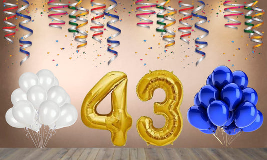 Number  43  Gold Foil Balloon and 25 Nos Blue and White Color Latex Balloon Combo