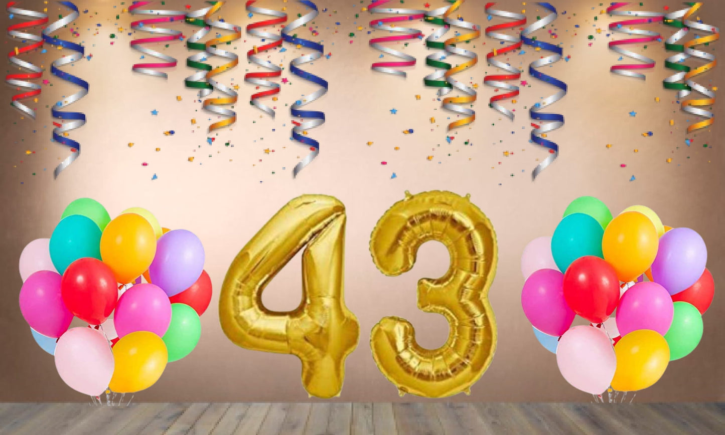 Number 43  Gold Foil Balloon and 25 Nos Multicolor Color Latex Balloon Combo