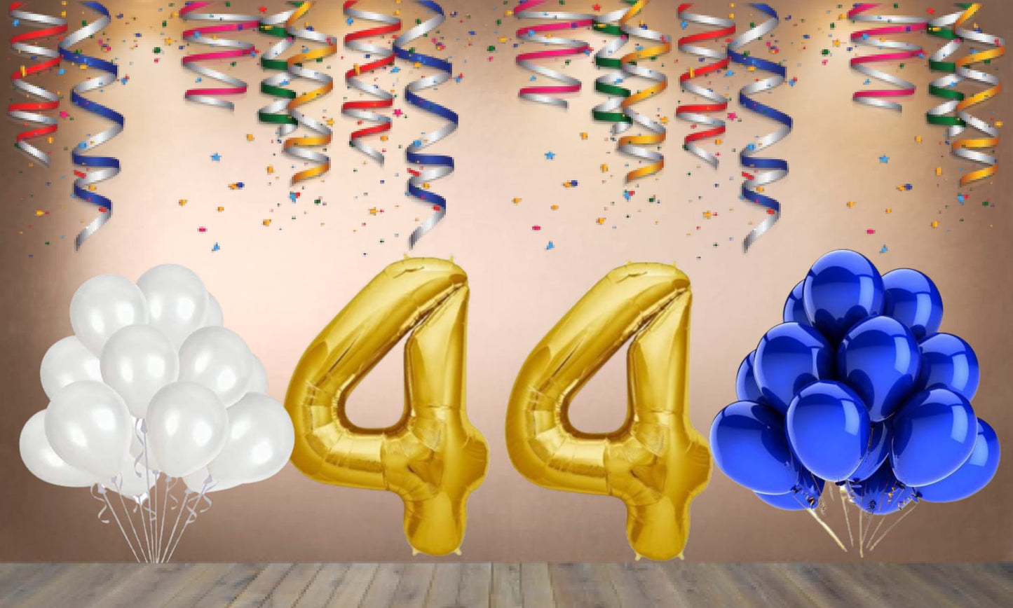 Number  44  Gold Foil Balloon and 25 Nos Blue and White Color Latex Balloon Combo